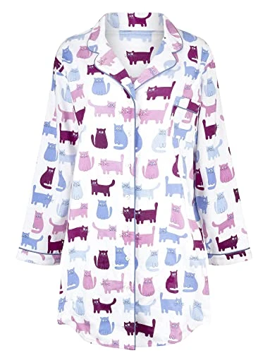 Paris Womens Cat Print 100% Brushed Cotton Nightdress Blue 12.14