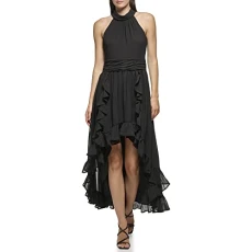 Paris Women's Chiffon High-Low Maxi Dress with Ruffle Skirt and Mock Neck, Black, 4 Paris Women's Chiffon High-Low Maxi Dress with Ruffle Skirt and Mock Neck, Black, 4