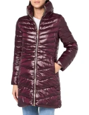 Paris Women's Full Length Puffer Jacket Short Hooded, Quilted Sangria, XL