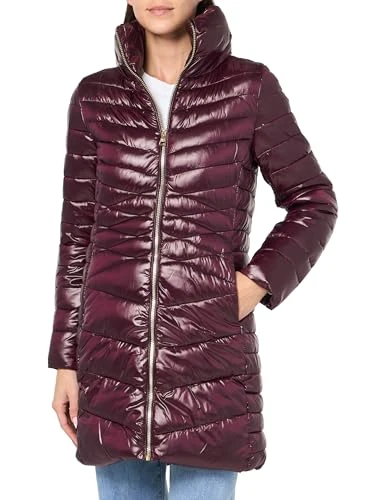 Paris Women's Full Length Puffer Jacket Short Hooded, Quilted Sangria, XL