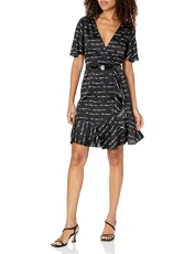 Paris Women's Script Logo Short Sleeve, Soft Dresses with Wrap Detail and Classic Belt Casual, Black SFT White, 16 Paris Women's Script Logo Short Sleeve, Soft Dresses with Wrap Detail and Classic Belt Casual, Black SFT White, 16