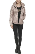 Paris Women's Short Puffer Hooded, Quilted Sand, L