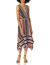 Paris Women's Striped Hammered Crepe Asymmetrical Hem Midi Dress Casual Night, Paradise Pink Multi, 18 Paris Women's Striped Hammered Crepe Asymmetrical Hem Midi Dress Casual Night, Paradise Pink Multi, 18