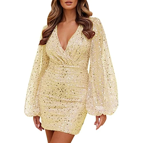 Party Dresses for Women UK Elegant Glitter Dress Deep V Neck Sequin Long Puff Sleeve Waist Ruched Slim Hip Dresses Solid Colour Evening Gowns Prom Dress Vintage Short Skirts Elegant