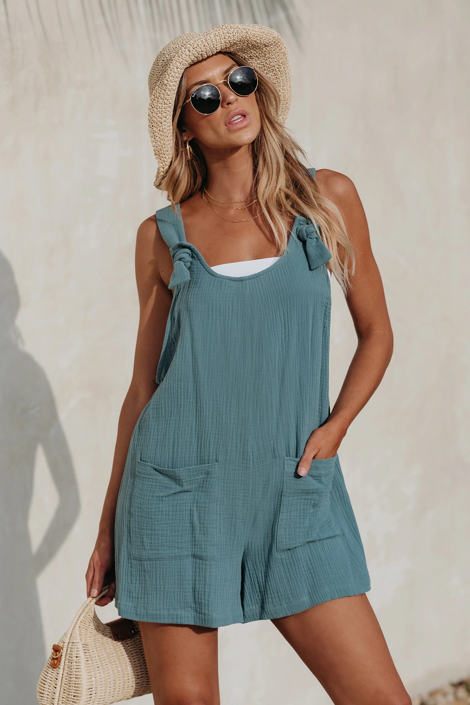 Patch Pocket Pinafore Playsuit - Blue