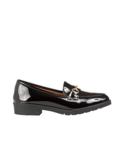 Patent Penny Loafers with Buckle (Black, 4) 11018-BLK-4