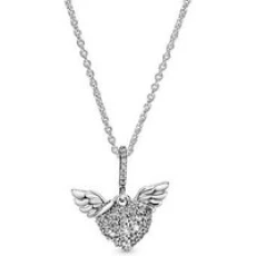 Pave Heart & Angel Wings Necklace - 45cm