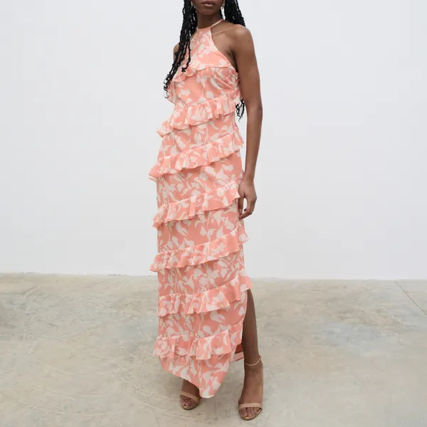 Peach Printed Katy Ruffle Maxi Dress - Multi