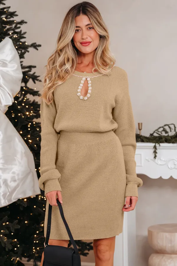 Pearl Embellished Keyhole Ribbed Sweater Dress - Beige / L