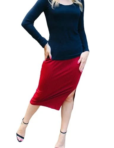 Pencil Skirt for Women with Slit High Waist Elasticated Bodycon Office Casual Work Skirt Elegant Burgundy