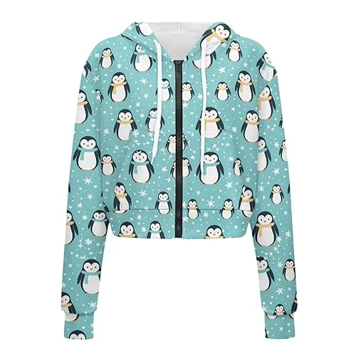 Penguin Cropped Sweatshirts for Women Zip Up Hoodie Y2K Casual Pocketed Cardigan Jacket Drawstring Hooded Sweatshirt Cute Crop Long Sleeve Tops 2XL/3XL Fall Clothes