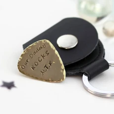 Personalised Brass Plectrum Pick With Leather Keyring Case Personalised Brass Plectrum Pick With Leather Keyring Case