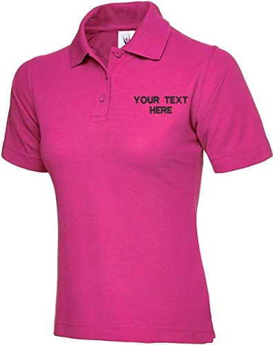 Personalised Embroidered Your Text Ladies Classic Polo Shirt Casual Workwear Partywear Adult Women Gift Top (Hot Pink, M)