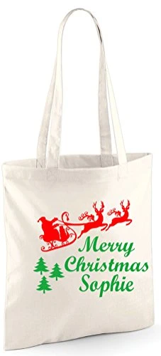 Personalised Merry Christmas 'NAME' Natural Tote Bagwith Red Holographic and Green Pearlescent Print