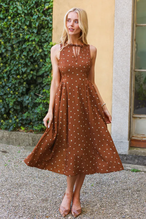 Petal Verse Floral Midi Dress - Brown