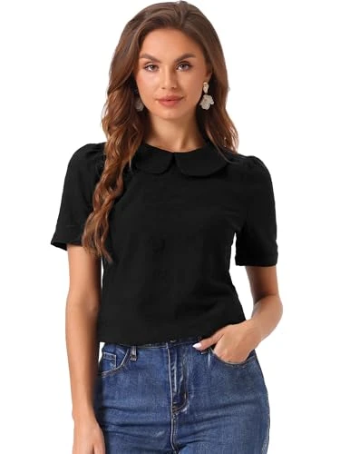 Peter Pan Collar Blouse for Women's Floral Jacquard Puff Short Sleeve Kawaii Top Black M