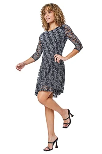 Petite Ditsy Floral Print Dress for Women UK - Ladies Everyday Holiday Autumn Winter Pull-On Round N