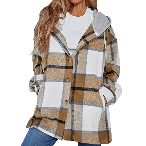 Petite Jean Jackets for Women Temperament Lapel Loose Cardigan With Hood Plaid Woolen Coat Vest Outd