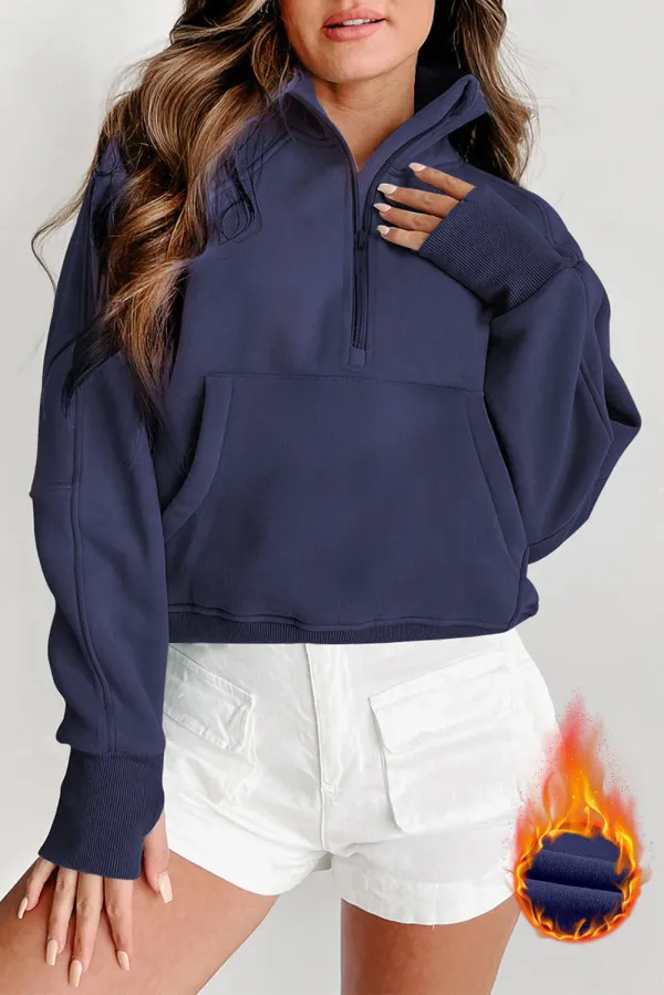 Phalaenopsis Fleece Lined Zip Up Stand Collar Thumbhole Sleeve Sweatshirt - NAVY BLUE / L / 50%POLYESTER+50%COTTON