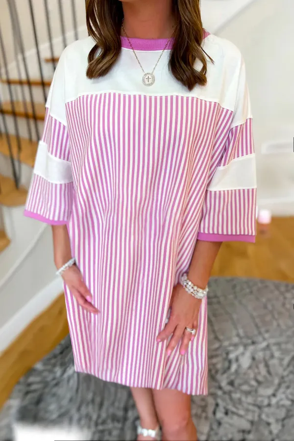 Phalaenopsis Striped Patchwork Three Quarters Sleeve Loose Mini Dress - PHALAENOPSIS / / 95%COTTON+%ELASTANE - PHALAENOPSIS