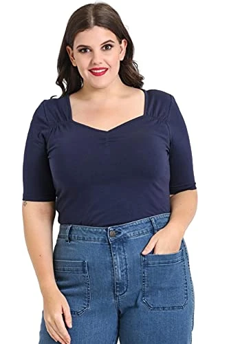 Philippa Vintage Style Jersey Top - Navy Blue (XXL)