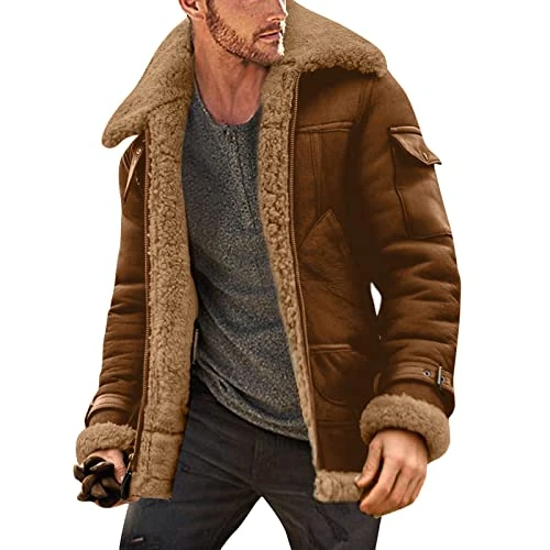 Pilot S Leather Jackets For Men Uk | Lapel Collar Long Sleeve Padded Aviator Bomber Coat Faux Shearling Sheepskin Vintage Thicken Coat Plus Size Winter Jacket For Big And Tall Men