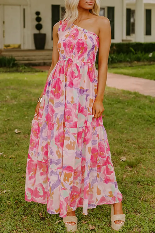 Pink Abstract Floral Print Shirred One Shoulder Maxi Dress - Pink / / 100%Polyester - Pink