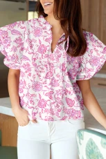Pink Baroque Floral Ruffle Sleeve V-Neck Blouse Top - Pink / / 100%Polyester