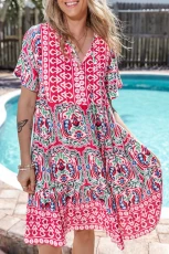 Pink Bohemian Print Tie Neck Ruffle Hem Short Dress - PINK / / 100%POLYESTER