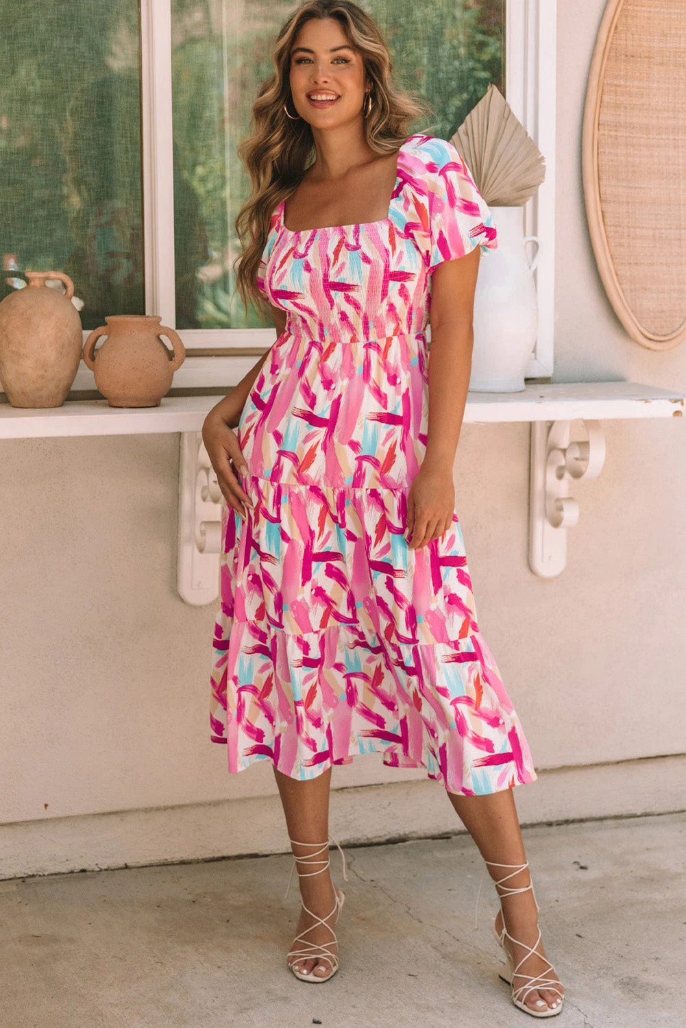 Pink Brush Stroke Printed Smocked Ruffle Tiered Dress - PINK / / 100%POLYESTER