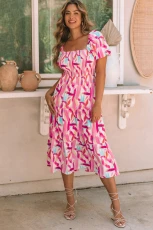 Pink Brush Stroke Printed Smocked Ruffle Tiered Dress - PINK / / 100%POLYESTER