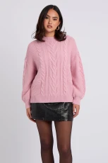 Pink Cable Crew Neck Jumper White /