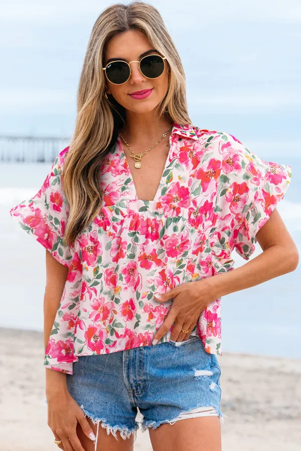 Pink Floral Boxy Fit Ruffled Short Sleeve V Neck Blouse - Pink / / 100%Polyester - Pink