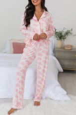 Pink Floral Long Sleeve and Pants Pyjamas Set - PINK / / 95%POLYESTER+%ELASTANE