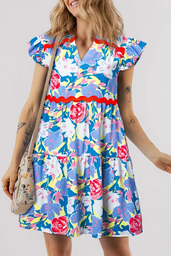 Pink Floral Printed V Notched Ric Rac Flutter Sleeve Dress - Sky Blue / M / 100%Polyester