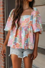 Pink Floral Puff Sleeve Square Neck Babydoll Blouse - PINK / / 100%POLYESTER