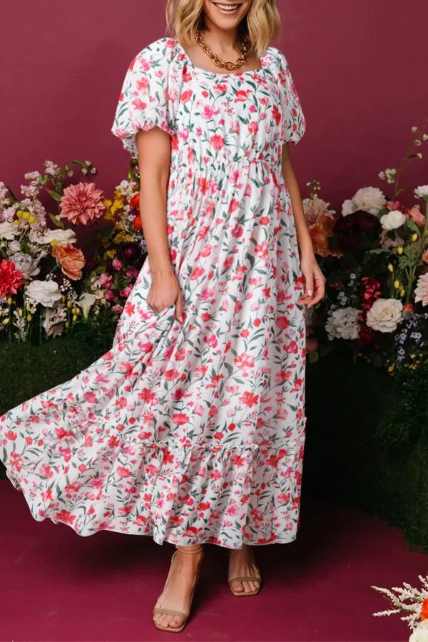 Pink Floral Puff Sleeve Square Neck Empire Waist Tiered Maxi Dress - Pink / / 100%Polyester - Pink