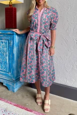 Pink Floral Shirred Puff Sleeve Buttoned Front Midi Dress with Sash - Pink / / 100%Polyester