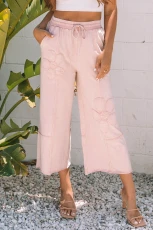 Pink Flower Patch Mineral Washed Crop Wide Leg Trousers - Pink / / 100%Cotton