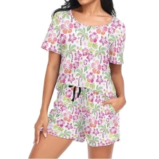 Pink Hibiscus Palm Tree Womens Pyjamas Sets Short Sleeves, Ladies Pajamas Pjs Set Loungewear with Pocket Size XL