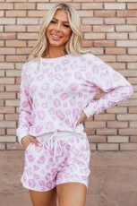 Pink Leopard Animal Print Pullover and Shorts Loungewear - PINK / / 95%POLYESTER+%ELASTANE Pink Leopard Animal Print Pullover and Shorts Loungewear - PINK / / 95%POLYESTER+%ELASTANE