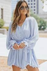 Pink Pleated Ruffled Tie Waist Buttons V Neck Romper KY BLUE / / 100%POLYESTER Pink Pleated Ruffled Tie Waist Buttons V Neck Romper KY BLUE / / 100%POLYESTER