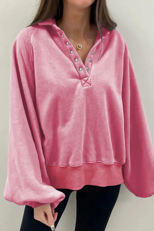 Pink Solid Snap Buttons Collared Balloon Sleeve Oversized Sweatshirt - PINK / / %COTTON+%POLYESTER - PINK