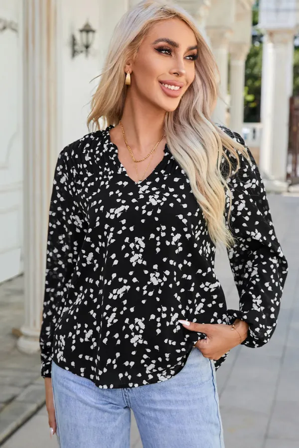 Pink Split Neck Fall Printed Crinkled Blouse - BLACK / / 100%POLYESTER - BLACK