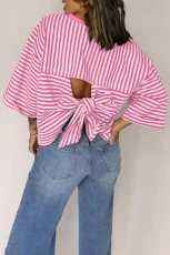 Pink Stripe Bowknot Cutout Back Drop Shoulder Wide Bracelet Sleeve Loose Tee - Pink Stripe / / 75%Polyester+%Cotton