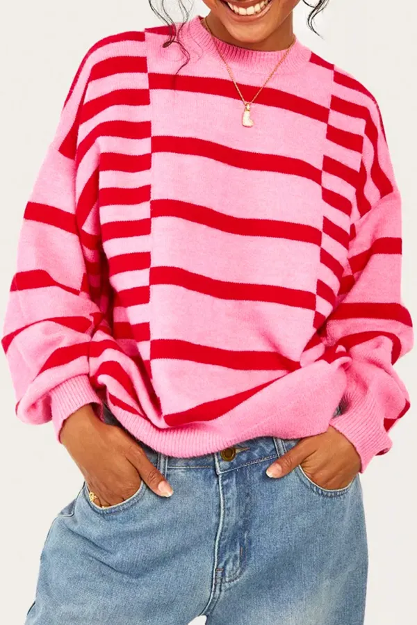 Pink Stripe Bubble Sleeve Drop Shoulder Ribbed Trim Sweater - Pink Stripe / / %Viscose+%Polyester+%Polyamide - Pink Stripe