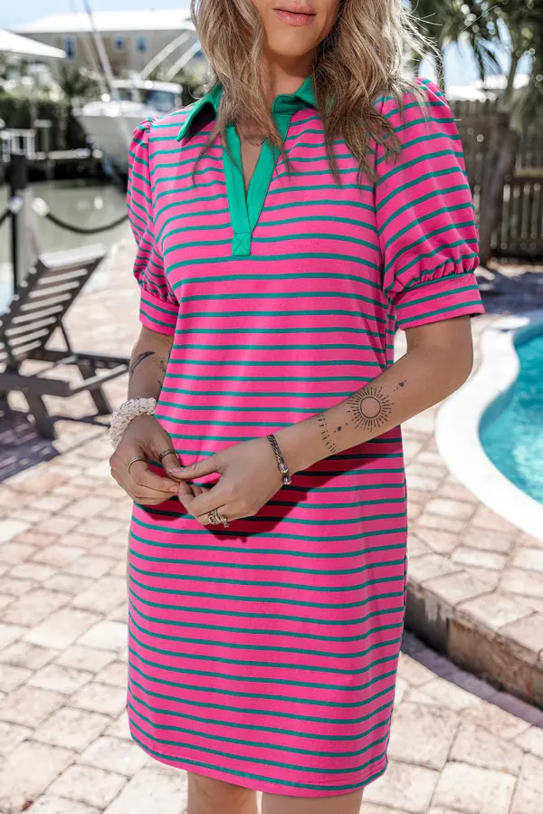 Pink Stripe Collared V Neck Puff Sleeve T Shirt Dress - PINK STRIPE / / 95%COTTON+%ELASTANE - PINK STRIPE