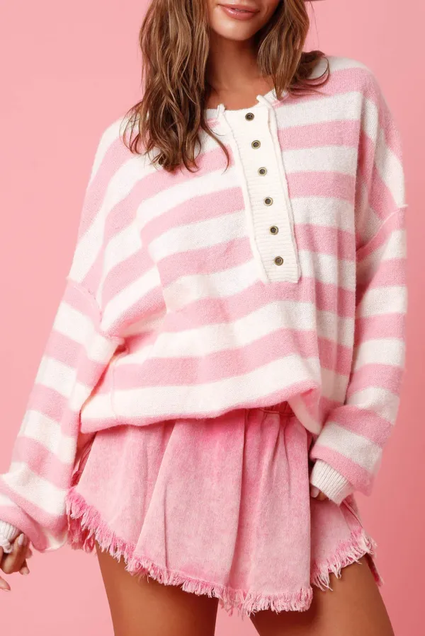 Pink Stripe Half Buttons Drop Shoulder Sweater - Pink Stripe / / %Acrylic+%Polyamide+%Wool - Pink Stripe