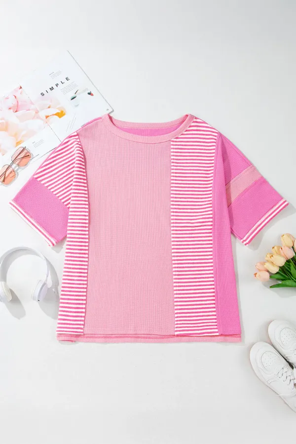 Pink Stripe Patchwork Colourblock Plus Size T Shirt - Pink Stripe / 2X / 75%Polyester+%Cotton