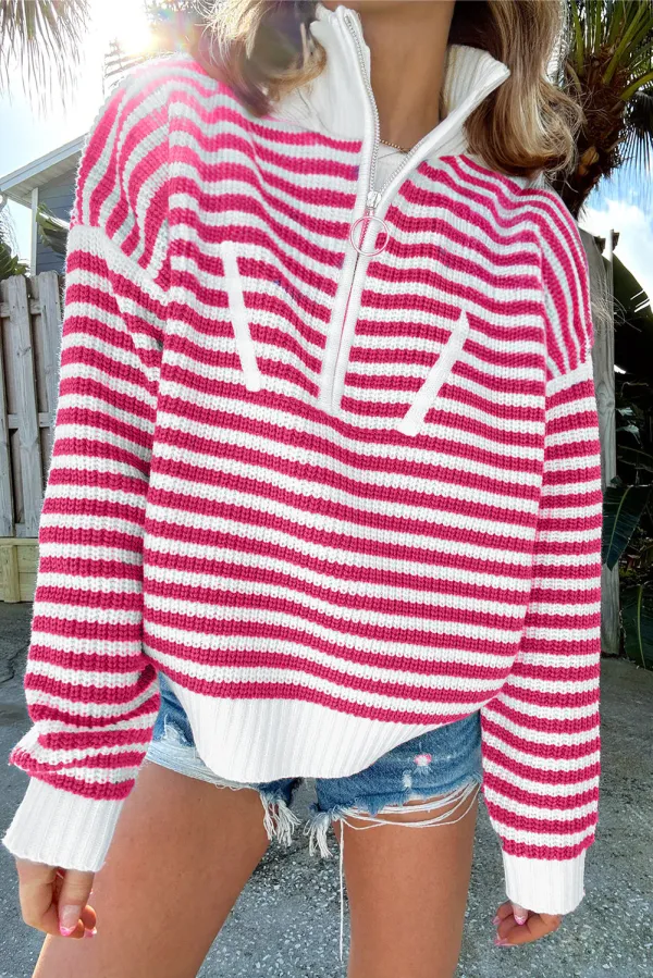 Pink Stripe Zip up Collar Drop Shoulder Sweater - PINK STRIPE / / 60%COTTON+%ACRYLIC - PINK STRIPE